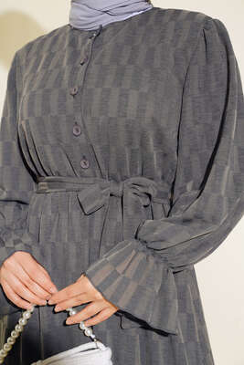 Dama Desen Jakarlı Elbise Füme - Tesettür Elbise