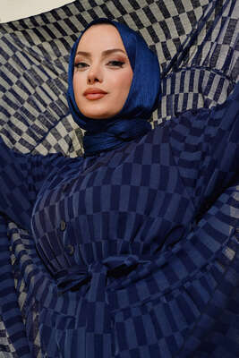 Dama Desen Jakarlı Elbise Lacivert 