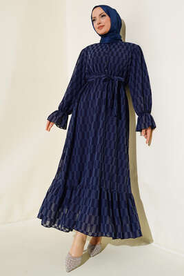 Dama Desen Jakarlı Elbise Lacivert - Tesettür Elbise