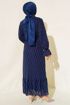 Dama Desen Jakarlı Elbise Lacivert - Tesettür Elbise