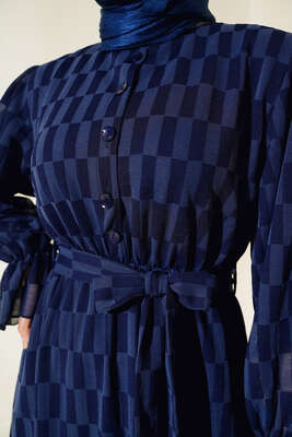 Dama Desen Jakarlı Elbise Lacivert - Tesettür Elbise