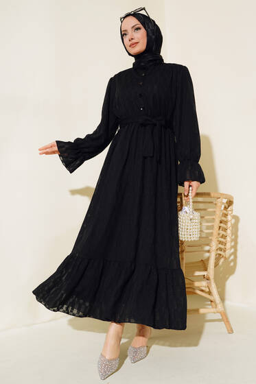 Dama Desen Jakarlı Elbise Siyah - Elbise