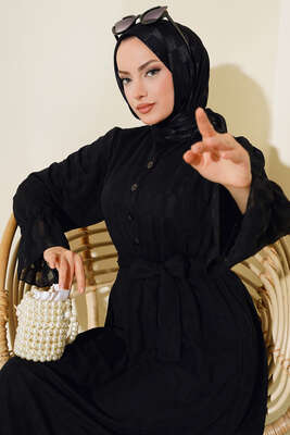 Dama Desen Jakarlı Elbise Siyah - Tesettür Elbise