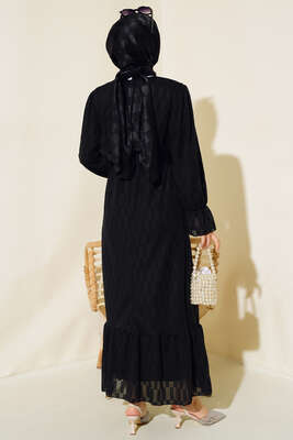 Dama Desen Jakarlı Elbise Siyah - Tesettür Elbise