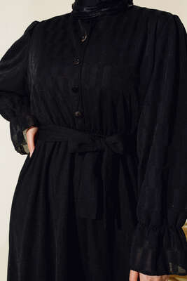 Dama Desen Jakarlı Elbise Siyah - Tesettür Elbise