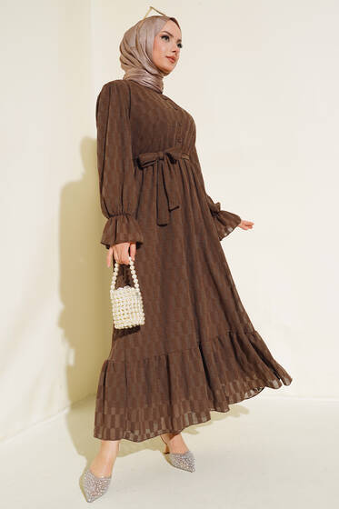 Dama Desen Jakarlı Elbise Taba - Elbise