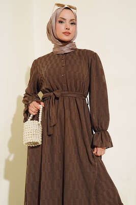 Dama Desen Jakarlı Elbise Taba - Tesettür Elbise