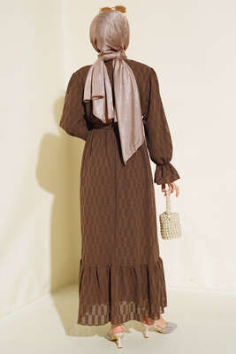 Dama Desen Jakarlı Elbise Taba - Tesettür Elbise