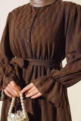 Dama Desen Jakarlı Elbise Taba - Tesettür Elbise