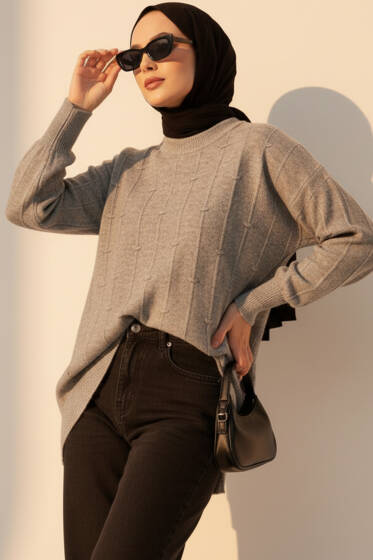 Damla Desen Yumoş Triko Kazak Gri - Triko Kazak