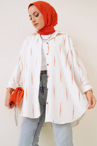 Damla Desenli Keten Gömlek Oranj - Gömlek