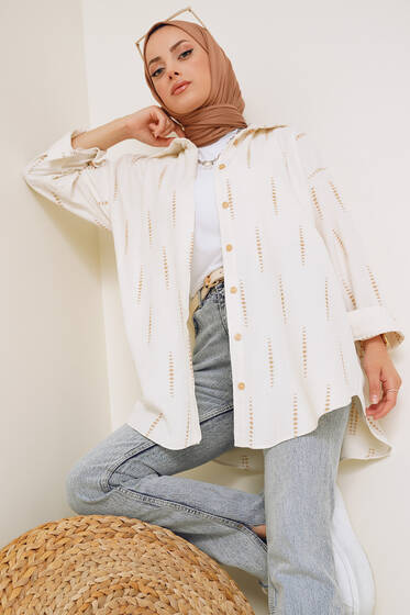 Damla Desenli Keten Gömlek Latte - Gömlek