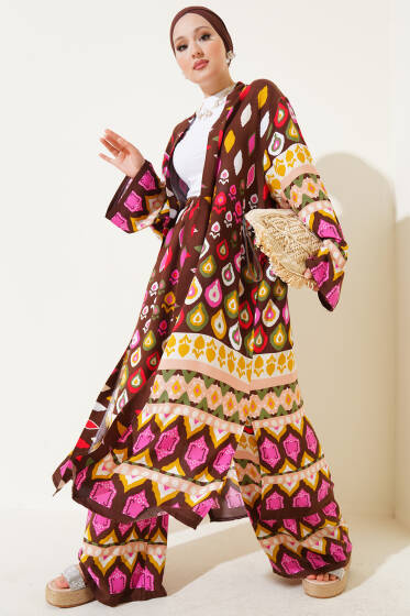 Damla Desenli Uzun Kimonolu İkili Takım Kahve - İkili Takım