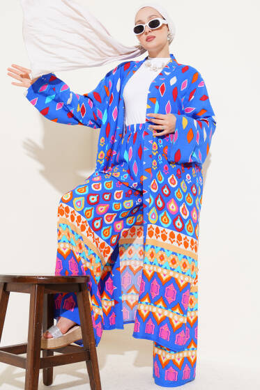 Damla Desenli Uzun Kimonolu İkili Takım Saks - İKİLİ TAKIM