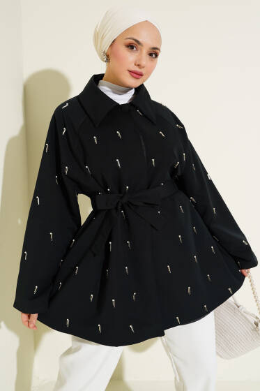 Damla İncili Kuşaklı Düğmeli Ceket Siyah - Ceket