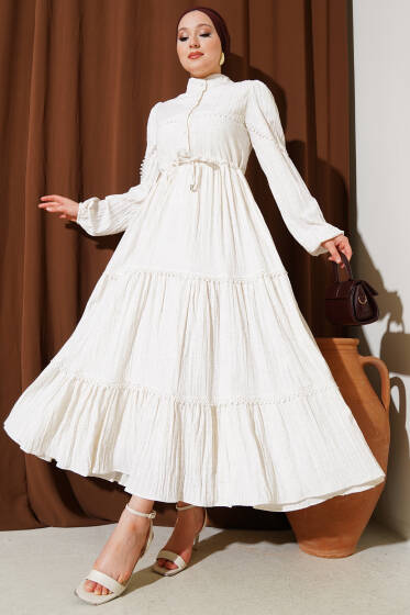 Damla İşleme Detaylı Kat Elbise Bej - Elbise