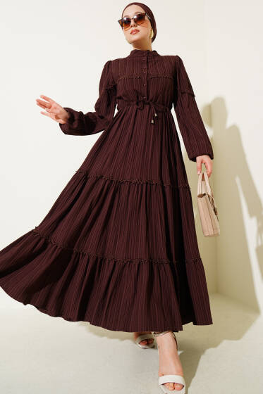 Damla İşleme Detaylı Kat Elbise Kahve - Elbise