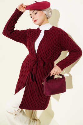 Damla Kabartmalı Triko Hırka Bordo 