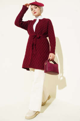 Damla Kabartmalı Triko Hırka Bordo - Hırka