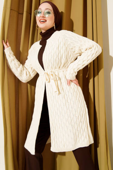 Damla Kabartmalı Triko Hırka Ekru - Hırka