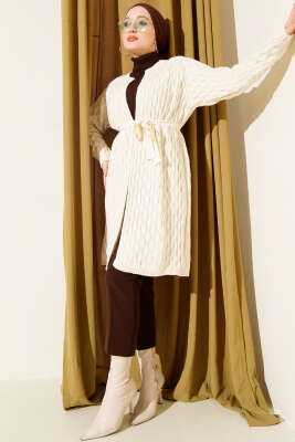 Damla Kabartmalı Triko Hırka Ekru - Hırka