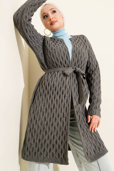 Damla Kabartmalı Triko Hırka Füme - Hırka