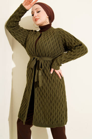 Damla Kabartmalı Triko Hırka Haki - Hırka