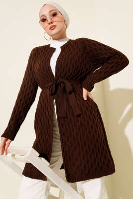 Damla Kabartmalı Triko Hırka Kahverengi 