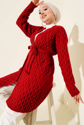 Damla Kabartmalı Triko Hırka Kırmızı 