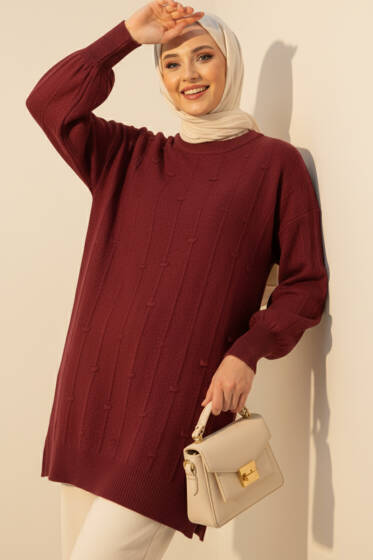 Damla Kabartmalı Yumoş Triko Tunik Bordo - Tunik