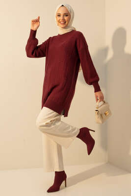 Damla Kabartmalı Yumoş Triko Tunik Bordo - Tunik