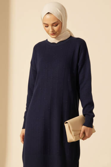 Damla Kabartmalı Yumoş Triko Tunik Lacivert - Tunik