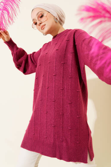 Damla Kabartmalı Yumoş Triko Tunik Mürdüm - Tunik