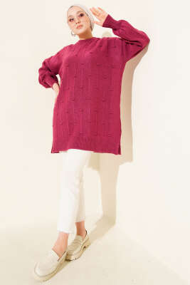 Damla Kabartmalı Yumoş Triko Tunik Mürdüm - Tunik