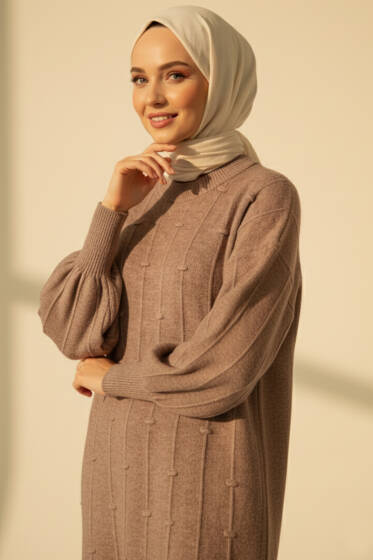 Damla Kabartmalı Yumoş Triko Tunik Vizon - Tunik