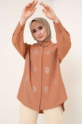 Damla Taş Süslemeli Gömlek Camel 