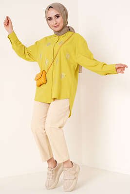 Damla Taş Süslemeli Gömlek Neon Yeşil - Gömlek