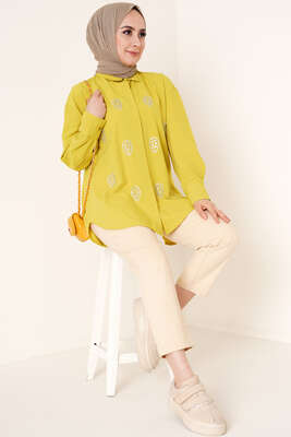 Damla Taş Süslemeli Gömlek Neon Yeşil 