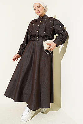 Damla Taşlı Ceketli Etekli Kot Takım Kahve - HEWES