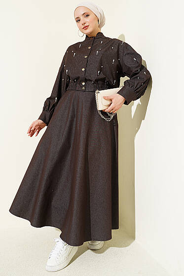 Damla Taşlı Ceketli Etekli Kot Takım Kahve - İkili Takım