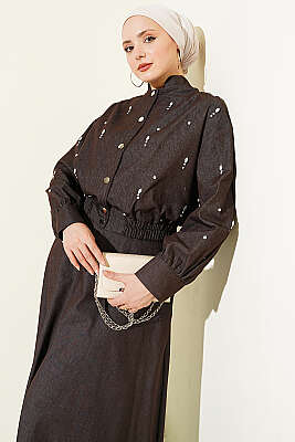 Damla Taşlı Ceketli Etekli Kot Takım Kahve - İkili Takım