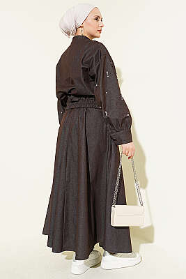 Damla Taşlı Ceketli Etekli Kot Takım Kahve - İkili Takım