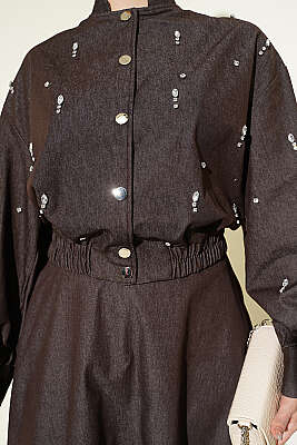 Damla Taşlı Ceketli Etekli Kot Takım Kahve - İkili Takım