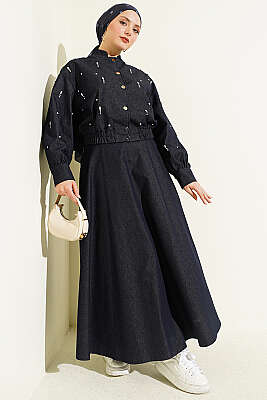 Damla Taşlı Ceketli Etekli Kot Takım Lacivert - HEWES