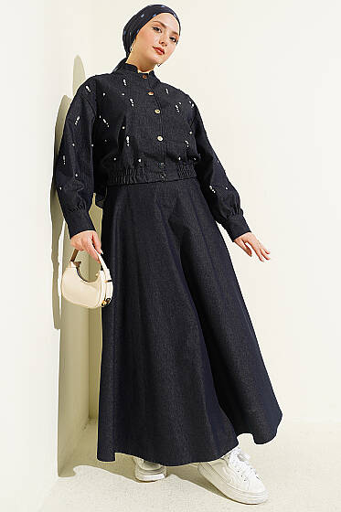 Damla Taşlı Ceketli Etekli Kot Takım Lacivert - İkili Takım