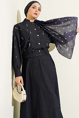 Damla Taşlı Ceketli Etekli Kot Takım Lacivert - İkili Takım