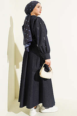 Damla Taşlı Ceketli Etekli Kot Takım Lacivert - İkili Takım