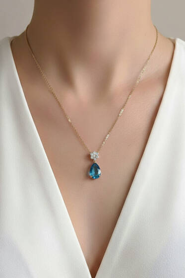 Damla Taşlı Çiçekli Kolye Mavi - Kolye