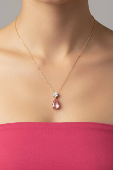Damla Taşlı Çiçekli Kolye Pembe - Kolye