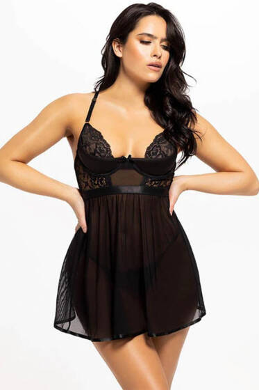 Dantel Bağcıklı İnce Askılı Fantezi İç Giyim Siyah - Fantezi İç Giyim
